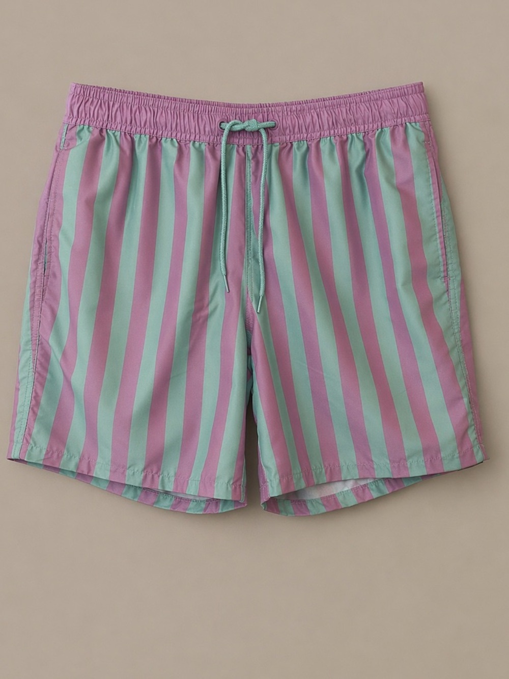 MAD Engine Men’s Swim Trunks Medium Pink Mint Stripe Retro Beach Shorts Lined